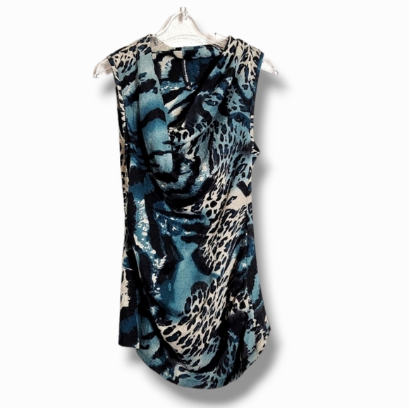 W118 Walter Baker Hi Low Knit Material Tunic Animal Print Teal Top Draped Neck - Picture 2 of 8